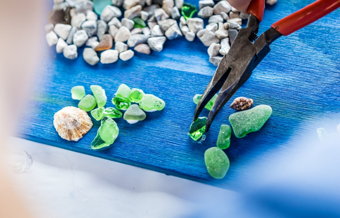 Close Up Working on Colorful Mosaic with Beach Glass