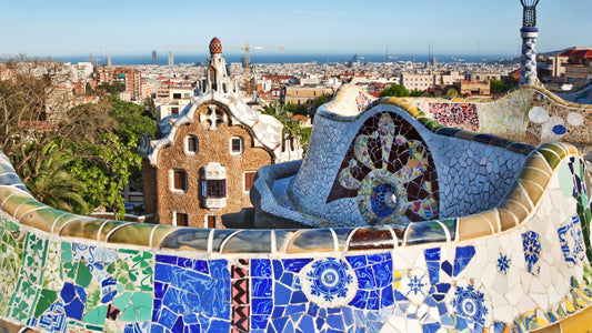 Parc Guell in Barcelona, Spain featuring picassiette mosaics by Antoni Gaudi
