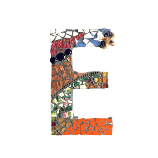 Alphabet mosaic letter e. Unique mosaic using glass and ceramic tiles. DIY mosaic kit