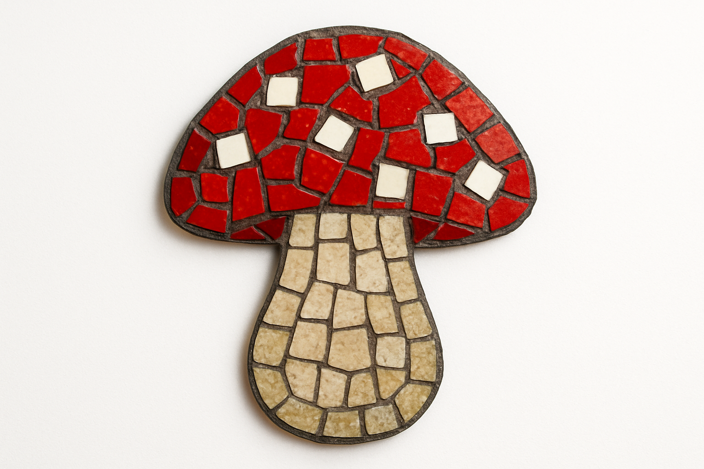 Mushroom mosaic with red cap, on white background
