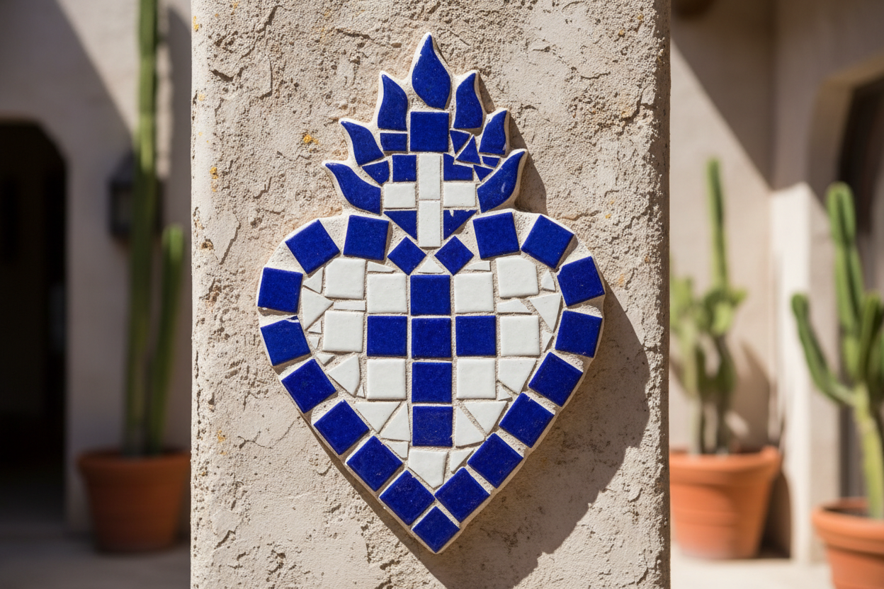 heart shape Mexican sacred heart simple mosaic with large blue and white tiles