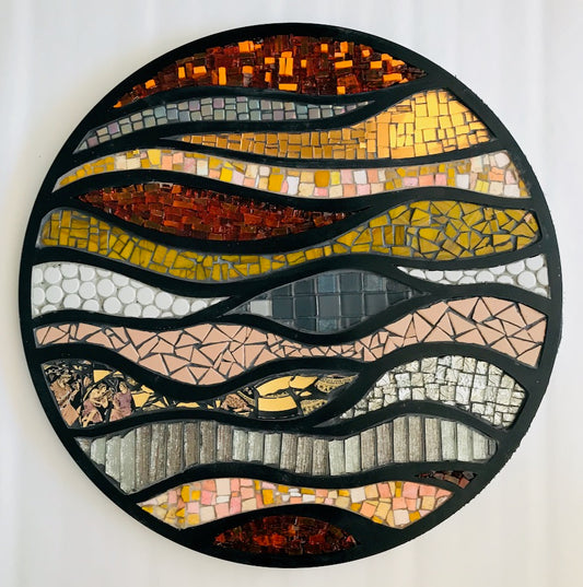Circular frame mosaic. Materials: smalti glass, ceramic, porcelain, on wood