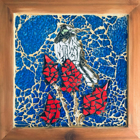 Crash glass mosaic. Bird on Sumach. Bird mosaic made with broken china. Sumach plant made with ceramic mosaics